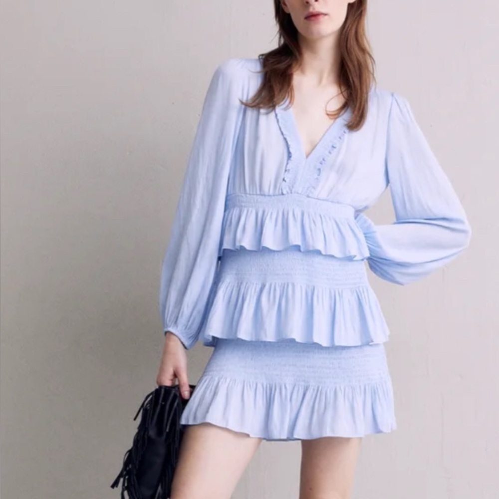 Maje Roulitana Smocked Tiered Dress size 34 XS light blue ruffle